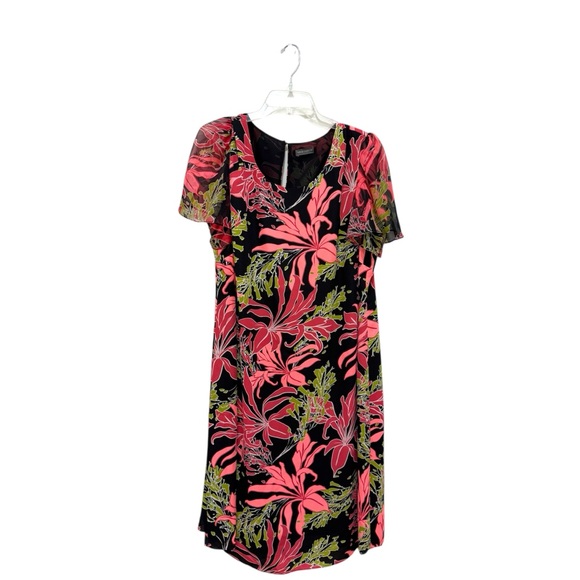 Vince Camuto Black & Pink Floral Flowy Short Sleeves Sheath Dress - Picture 1 of 6